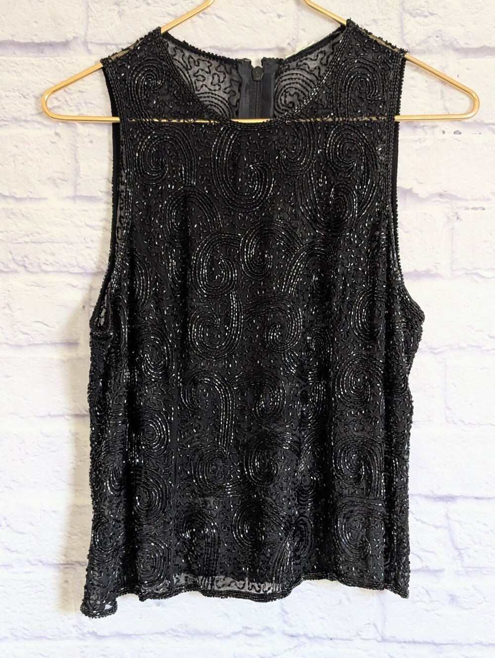 Vintage Laura Vogel Beaded Silk Top L Black Sleeveless Tank Shell Cocktail Glam